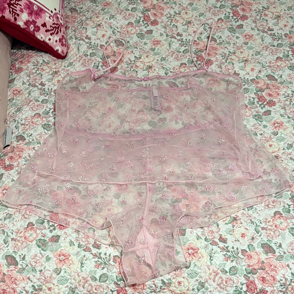 SKIMS Pink Sheer Floral Mesh Chemise and Shorts Set